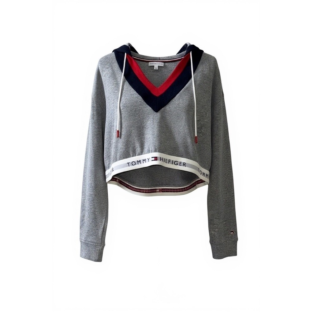 Tommy Hilfiger Cropped Hoodie Gray Red Blue V Neck Long Sleeve Banded‎ Hem - Picture 4 of 6